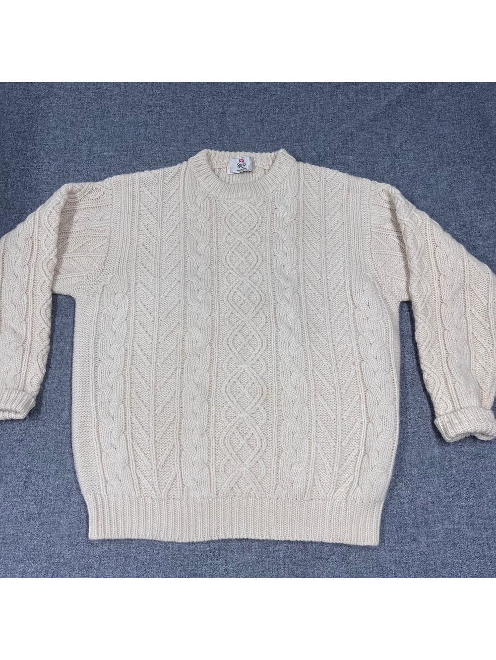 Vintage Women's Fisherman's Cable-Knit Crew Neck Wool Sweater, Ivory M